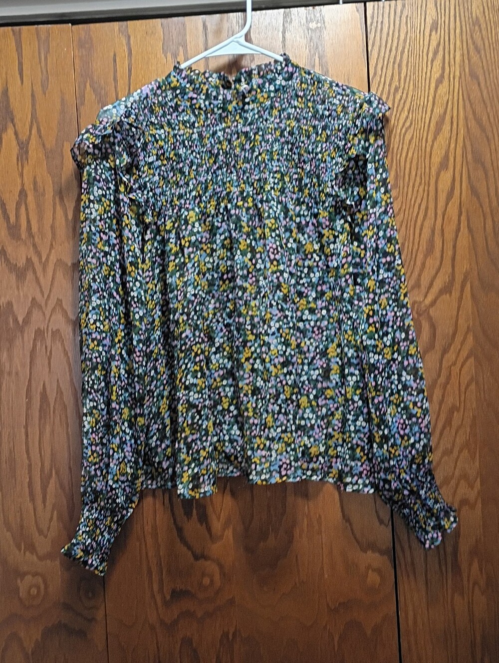 Floral Smocked High-Neck Long Sleeve Top - Green Multi